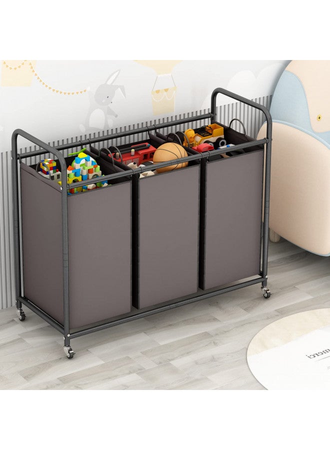 LINZINAR 3-Bag Laundry Sorter,Laundry Hamper Cart with Heavy Duty Rolling Lockable Wheels and Removable Bags (Brown) - Image 2