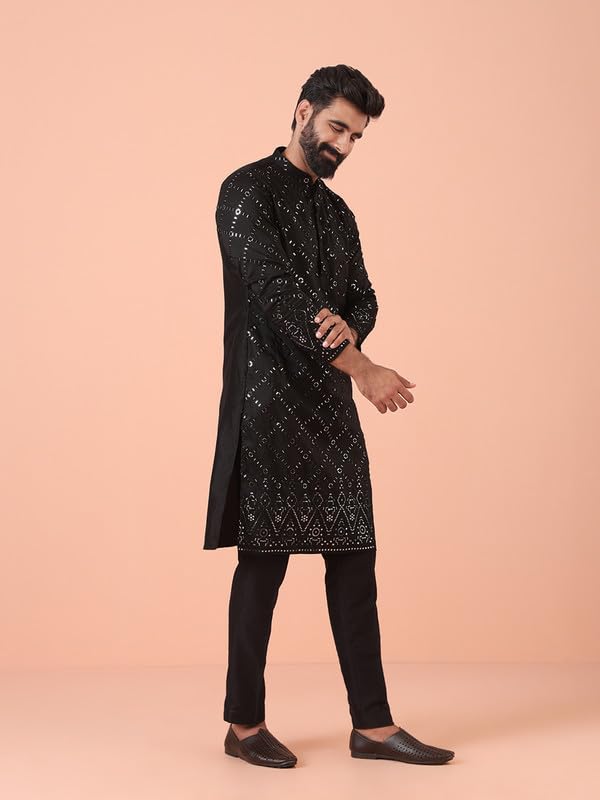 KISAH Mens Kurta|Blended Fabric Embellished Pattern Mens Ethnic Wear|Regular Fit Stylish Men’s Kurta Mandarin Collar Long Sleeves, Black, 38 - Image 3