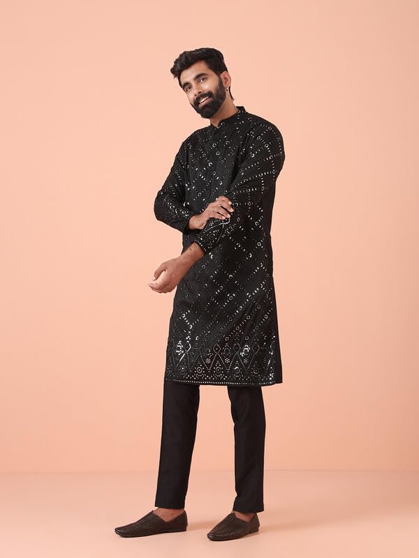 KISAH Mens Kurta|Blended Fabric Embellished Pattern Mens Ethnic Wear|Regular Fit Stylish Men’s Kurta Mandarin Collar Long Sleeves, Black, 38 - Image 2