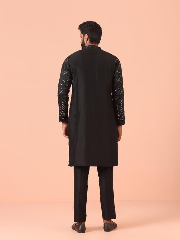KISAH Mens Kurta|Blended Fabric Embellished Pattern Mens Ethnic Wear|Regular Fit Stylish Men’s Kurta Mandarin Collar Long Sleeves, Black, 38 - Image 4