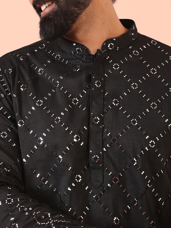 KISAH Mens Kurta|Blended Fabric Embellished Pattern Mens Ethnic Wear|Regular Fit Stylish Men’s Kurta Mandarin Collar Long Sleeves, Black, 38 - Image 5