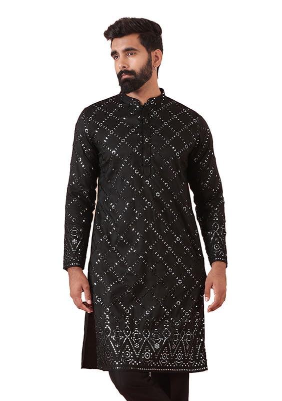 KISAH Mens Kurta|Blended Fabric Embellished Pattern Mens Ethnic Wear|Regular Fit Stylish Men’s Kurta Mandarin Collar Long Sleeves, Black, 38 - Image 1