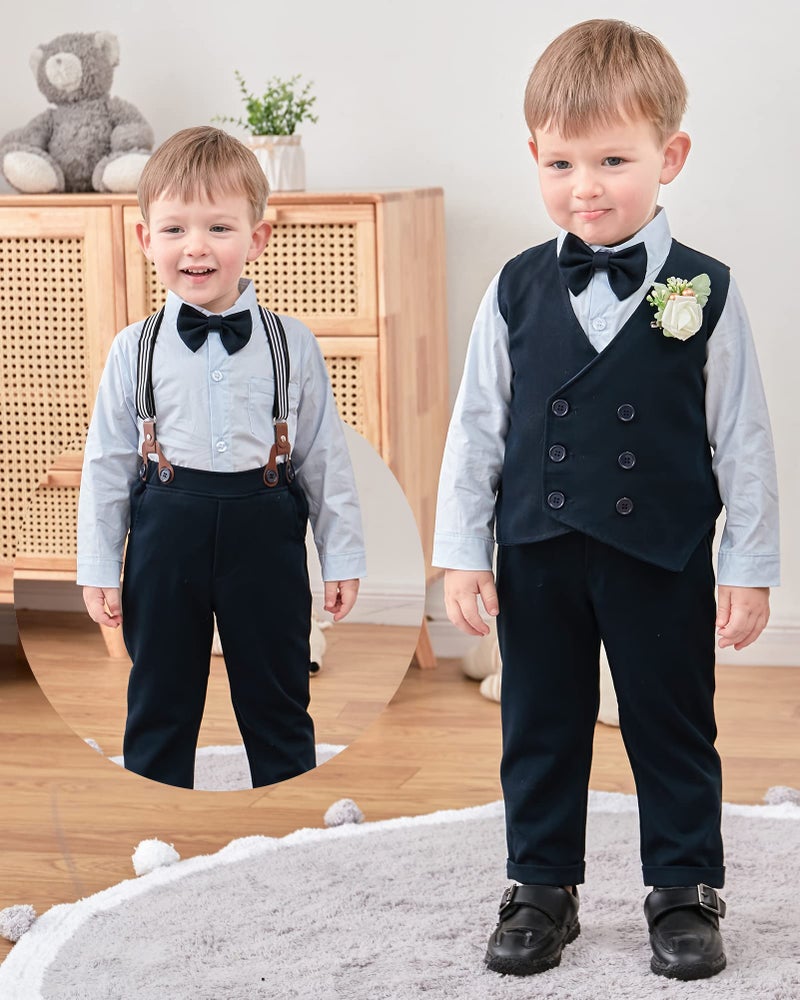 YALLET Toddler Baby Boy Clothes Suit Gentleman Wedding Outfits, Formal Dress Shirt+Bowtie+Vest+Boutonniere+Suspender Pants(V Navy Blue, 2-3T) - Image 3