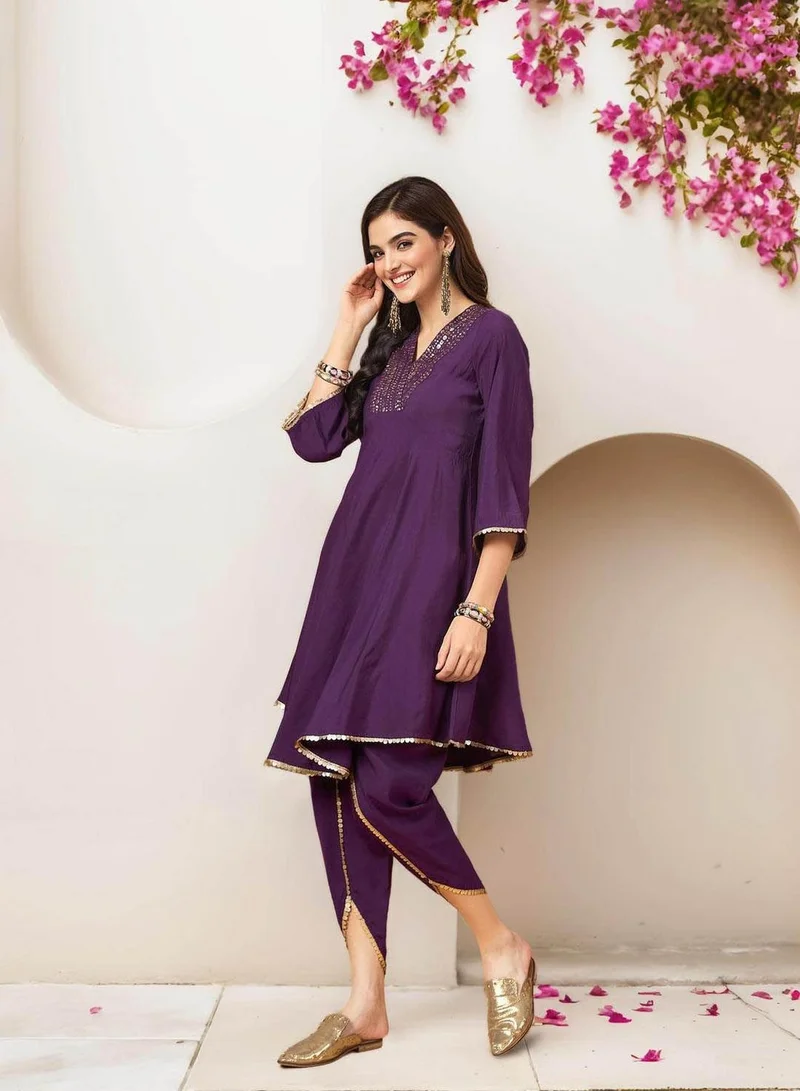 ISHIN Women'S Lilac 100% Cotton Self Design Full Length Palazzo Kurta Set
