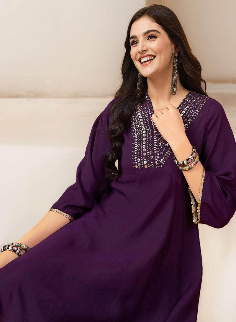 آي شين طقم كورتا بالازو نسائي بنفسجي قطن % بتصميم ذاتي كامل الطول - Image 5