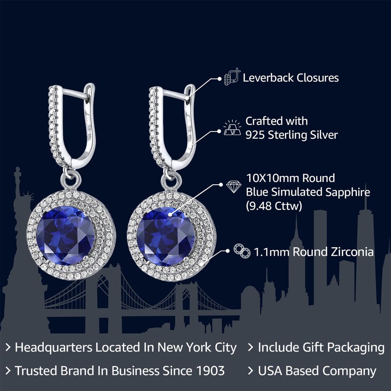 Gem Stone King 9.48 Cttw Round Blue Simulated Sapphire Drop Dangle Earrings For Women In 925 Sterling Silver | Round 10MM - Image 2