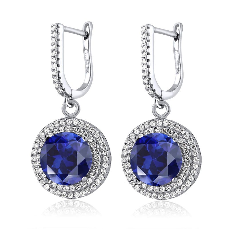 Gem Stone King 9.48 Cttw Round Blue Simulated Sapphire Drop Dangle Earrings For Women In 925 Sterling Silver | Round 10MM - Image 1