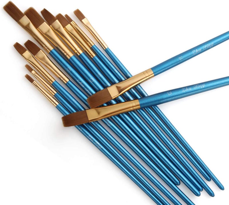 deziine Deziine Flat Paint Brushes Set, 12pcs Paintbrushes Flat/Shader Tip for Watercolor, Oil, Acrylic Painting and Craft, Nail, Face Paint(Wood)  - Image 2