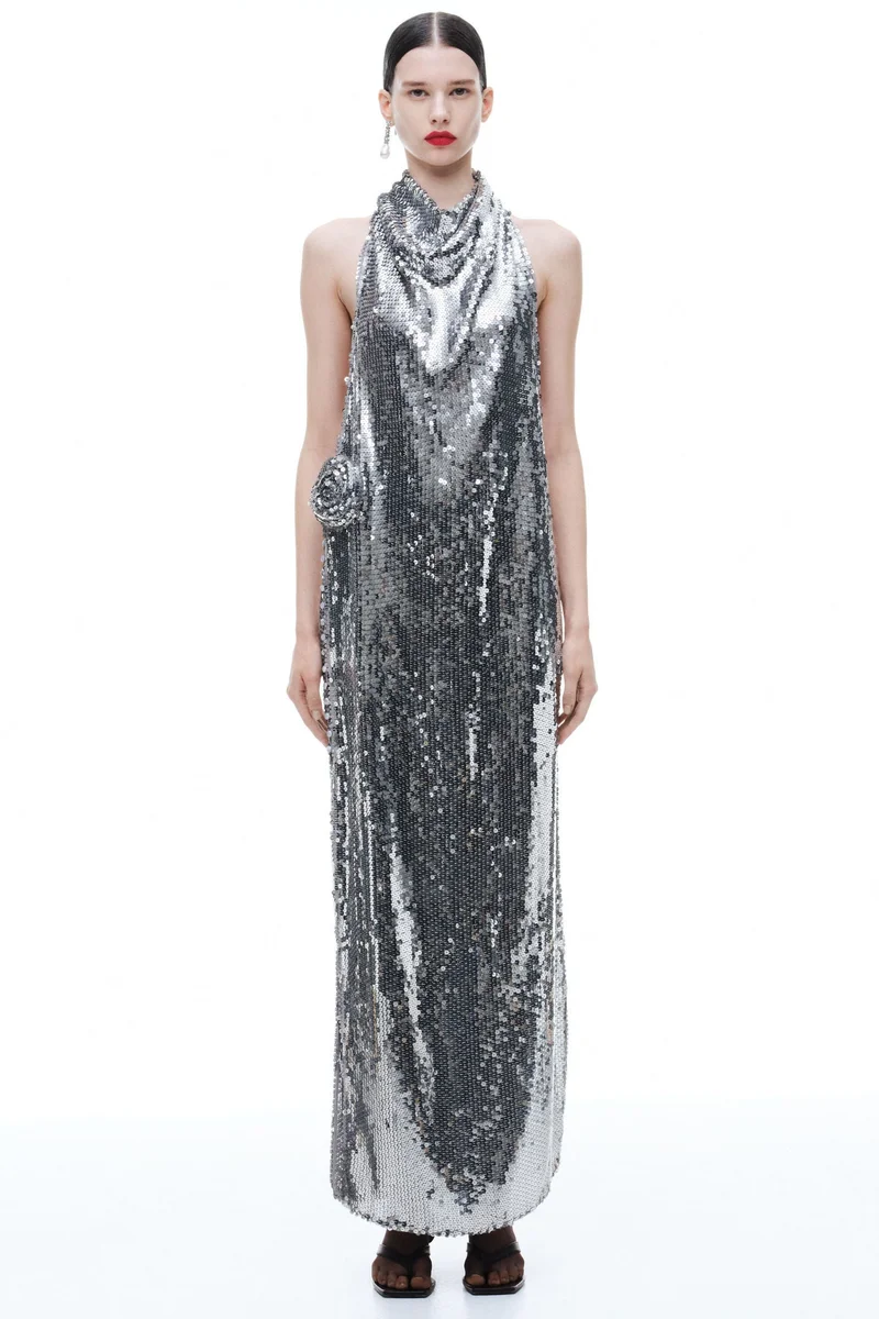 H&M Sequined rose-appliquéd maxi dress