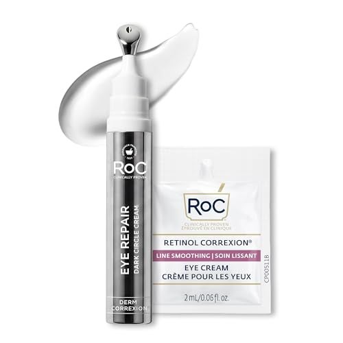 RoC Derm Correxion Retinol Eye Repair Dark Circle Cream Treatment with Niacinamide Resveratrol Proxygen for puffy eyes wrinkles and crows feet with Line Smoothing Eye Packette - Image 1