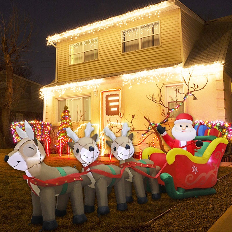 MorTime 95 FT Christmas Inflatable Santa Claus on Sleigh Pulled by Three Reindeers with Gift Boxes Blow up Lighted Yard Decor for Outdoor Decorations