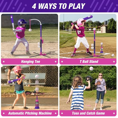 HYES 4 in 1 T Ball Sets for Kids 35 with Toss and Catch Ball Set Hanging Tee Stand with Auto Pitching Machine 2 Bats Indoor Outdoor Toys Baseball Gifts for Toddler Boys Girls Purple - Image 5
