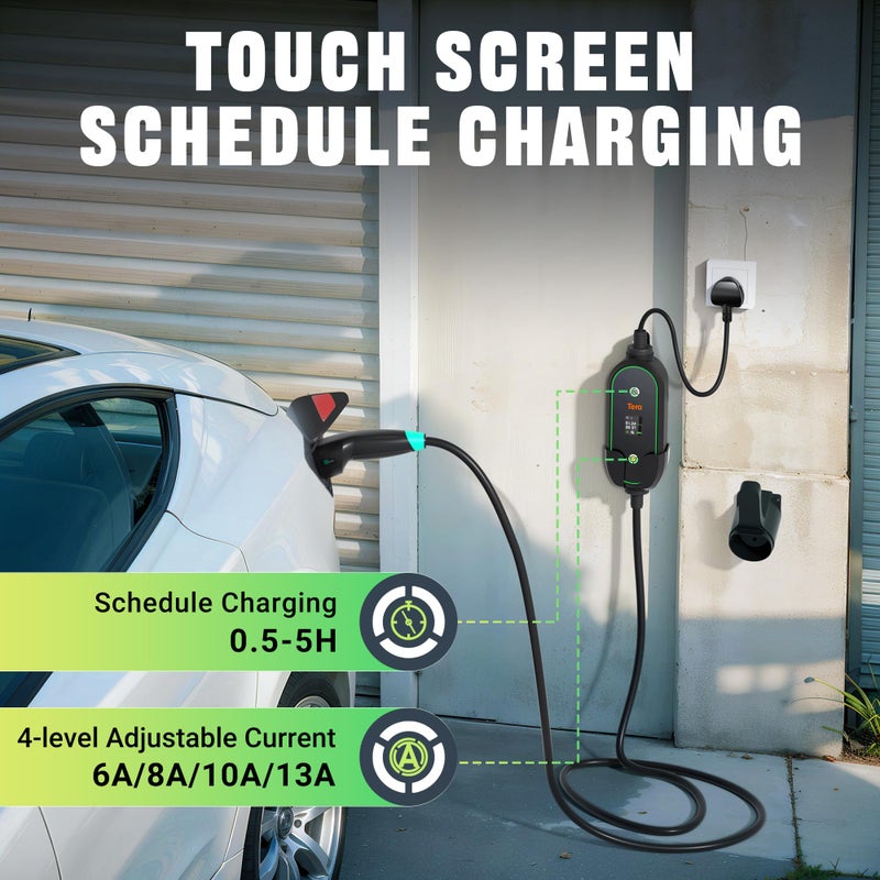 Tera Portable EV Charger Type 2: 3.68KW Portable Electric Vehicle Charger, Adjustable from 6A to 13A, with UK 3-Pin Plug, 5.5m Charging Cable, IP66 Protection, LCD Display, P03 - Image 3