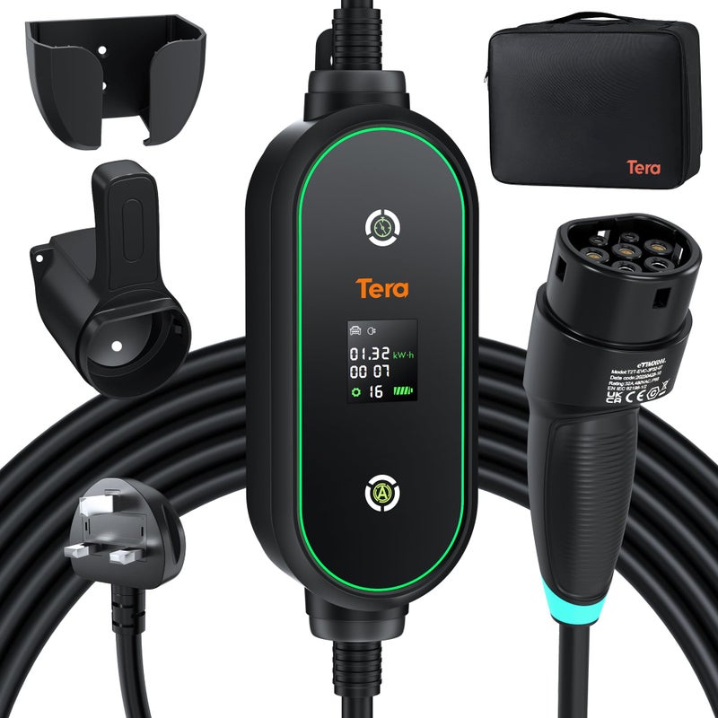 Tera Portable EV Charger Type 2: 3.68KW Portable Electric Vehicle Charger, Adjustable from 6A to 13A, with UK 3-Pin Plug, 5.5m Charging Cable, IP66 Protection, LCD Display, P03 - Image 2