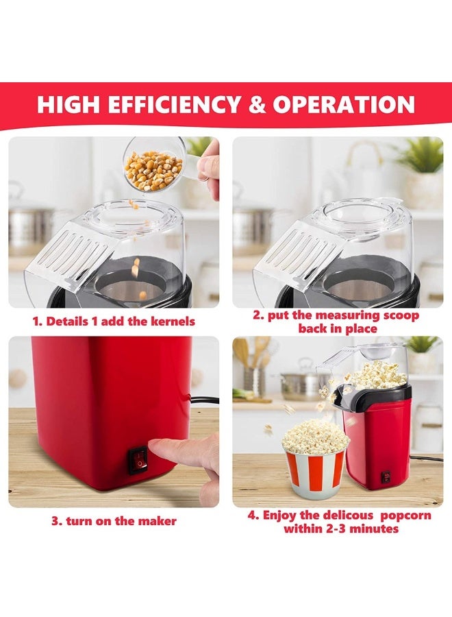 Electric Hot Air Popcorn Maker - 1200W Oil-Free Popcorn Machine with Measuring Cup & Removable Lid, Healthy Fast Snack Maker for Kids, Movie Nights & Home Parties (Red) - Image 5