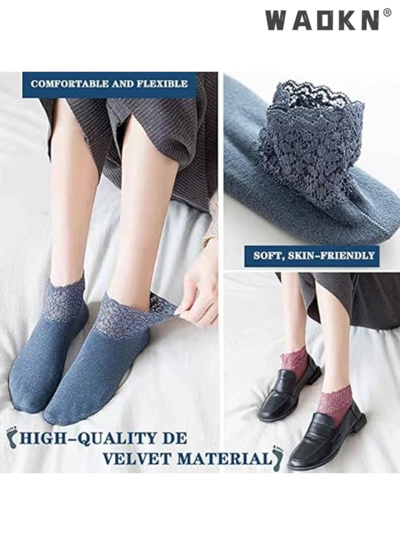 WAOKN Lace Warm Socks, 5 Pairs No Show Socks, Lace Comfortable Thermal Cotton Ankle Boat Socks,Pop Invisible Socks with Non-slip Bases for Women Girls (5 Colors)  - Image 3