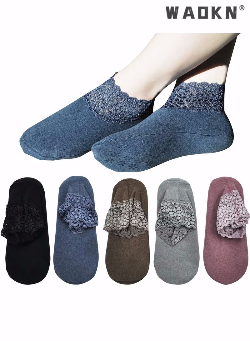 WAOKN Lace Warm Socks, 5 Pairs No Show Socks, Lace Comfortable Thermal Cotton Ankle Boat Socks,Pop Invisible Socks with Non-slip Bases for Women Girls (5 Colors)  - Image 1