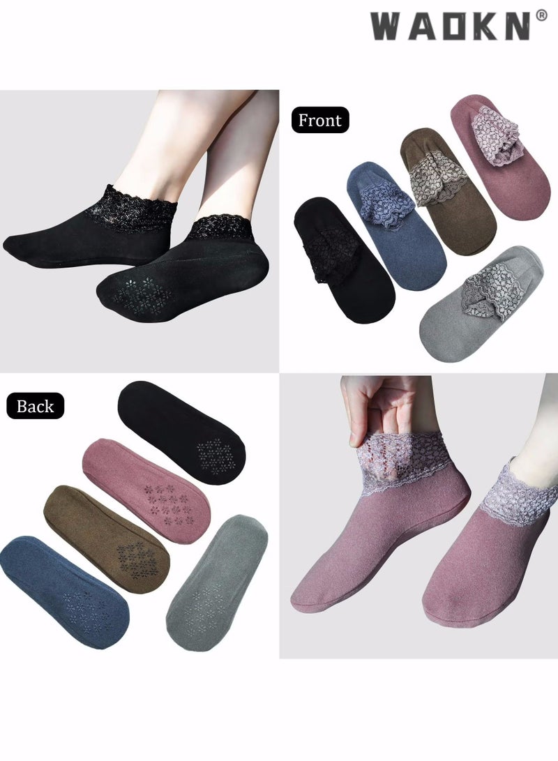WAOKN Lace Warm Socks, 5 Pairs No Show Socks, Lace Comfortable Thermal Cotton Ankle Boat Socks,Pop Invisible Socks with Non-slip Bases for Women Girls (5 Colors)  - Image 4