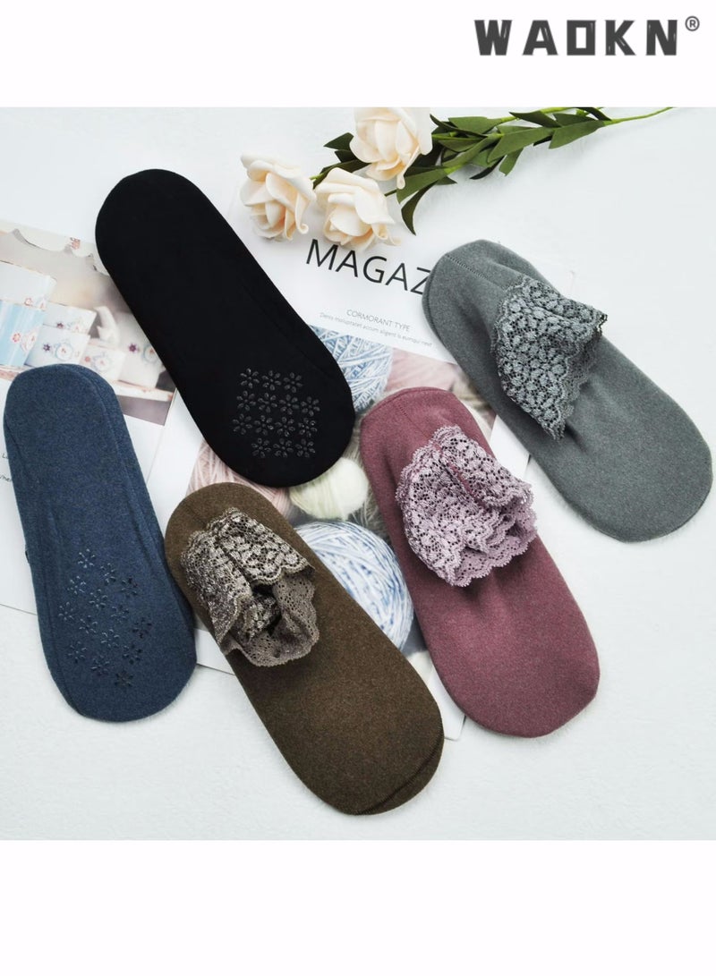 WAOKN Lace Warm Socks, 5 Pairs No Show Socks, Lace Comfortable Thermal Cotton Ankle Boat Socks,Pop Invisible Socks with Non-slip Bases for Women Girls (5 Colors)  - Image 2
