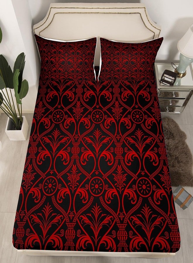 Erosebridal Red Black Ombre Gothic Bedding Set Queen For Boys,Vintage Goth Floral Damask Bed Sheets Antique Victorian Baroque Sheet Set Hotel Luxury Fitted Sheet Bohemian Exotic Flat Sheet 2 Pillow Cases - Image 4
