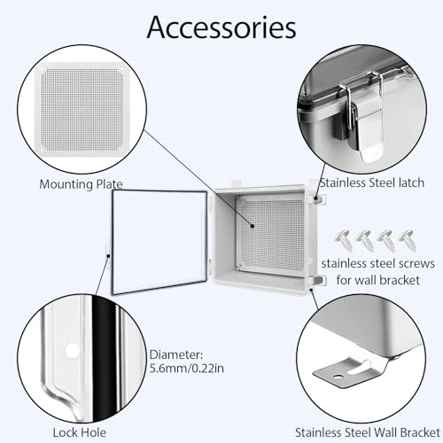 LeMotech Electrical Box, IP67 Waterproof Hinged Clear Cover Stainless Steel Latch Junction Box, ABS Plastic Electrical Enclosure with Mounting Plate,Wall Brackets, Cable Glands,11.8"x11.8"x7.1", Grey - Image 4