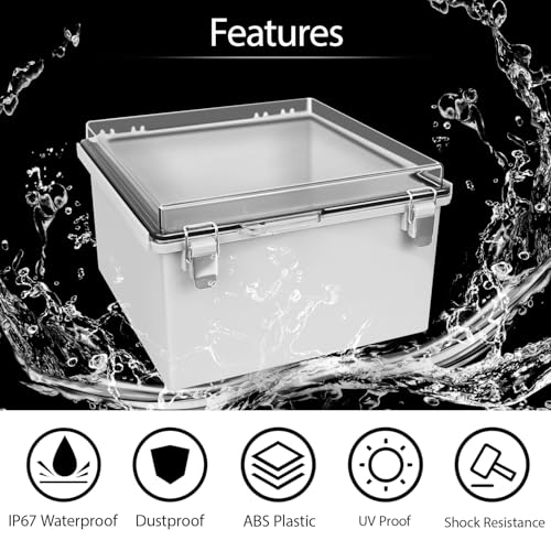 LeMotech Electrical Box, IP67 Waterproof Hinged Clear Cover Stainless Steel Latch Junction Box, ABS Plastic Electrical Enclosure with Mounting Plate,Wall Brackets, Cable Glands,11.8"x11.8"x7.1", Grey - Image 3