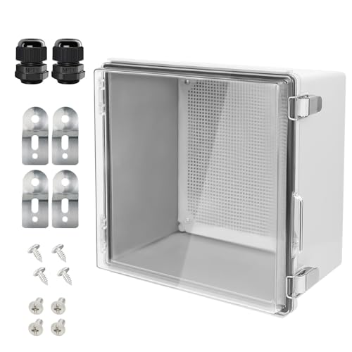 LeMotech Electrical Box, IP67 Waterproof Hinged Clear Cover Stainless Steel Latch Junction Box, ABS Plastic Electrical Enclosure with Mounting Plate,Wall Brackets, Cable Glands,11.8"x11.8"x7.1", Grey - Image 1