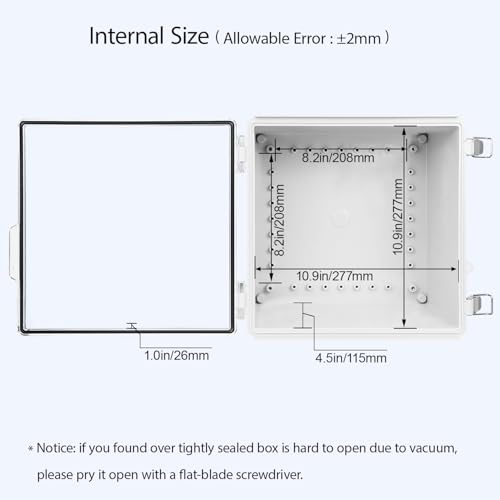 LeMotech Electrical Box, IP67 Waterproof Hinged Clear Cover Stainless Steel Latch Junction Box, ABS Plastic Electrical Enclosure with Mounting Plate,Wall Brackets, Cable Glands,11.8"x11.8"x7.1", Grey - Image 5