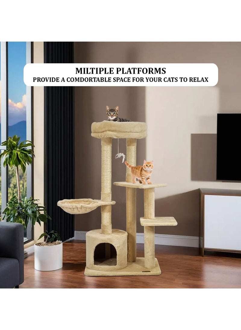 MAJIBAO - Cat tree tower for Indoor cats and Kittens, Multi-level furniture with Plush Perch, Scratching Post, Cat toys, Hammock, and Cozy condo, Cat tree activity center 108 cm (Beige) - Image 1