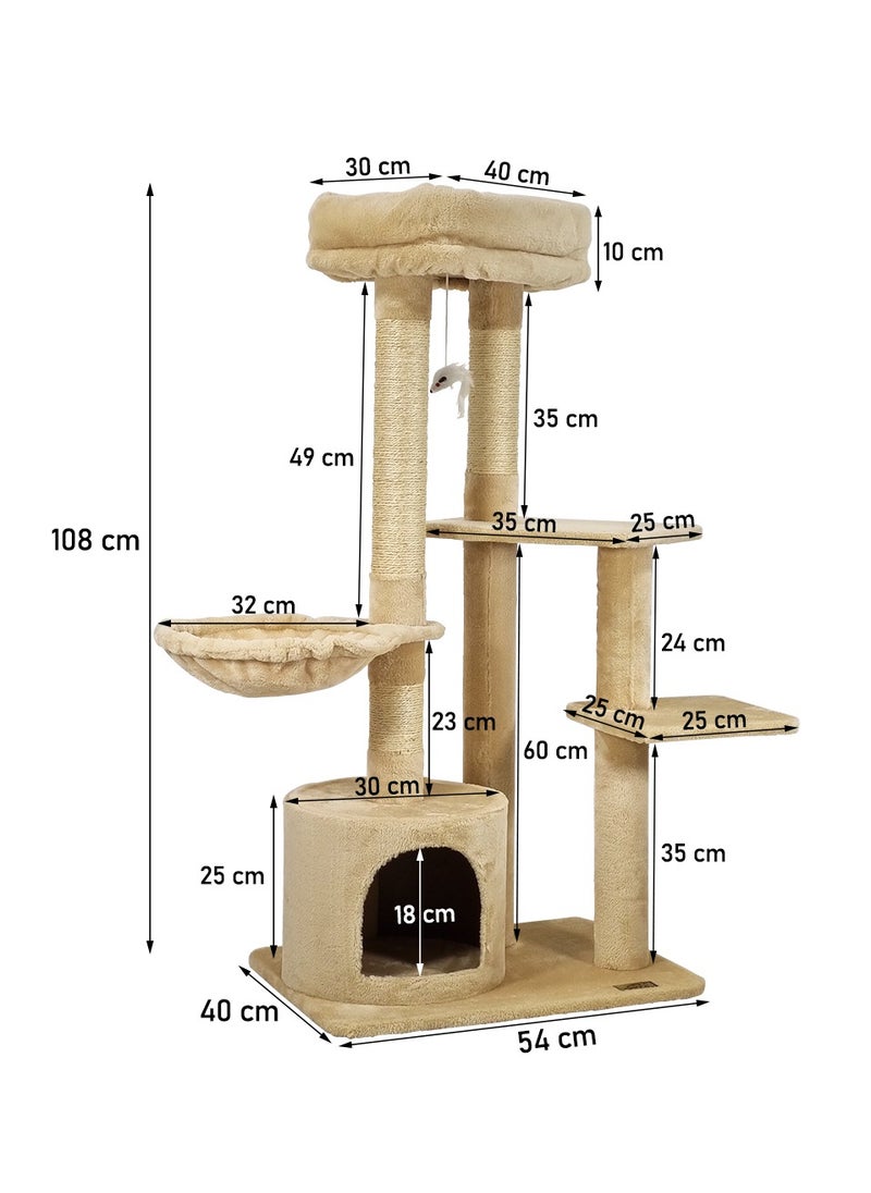MAJIBAO - Cat tree tower for Indoor cats and Kittens, Multi-level furniture with Plush Perch, Scratching Post, Cat toys, Hammock, and Cozy condo, Cat tree activity center 108 cm (Beige) - Image 1