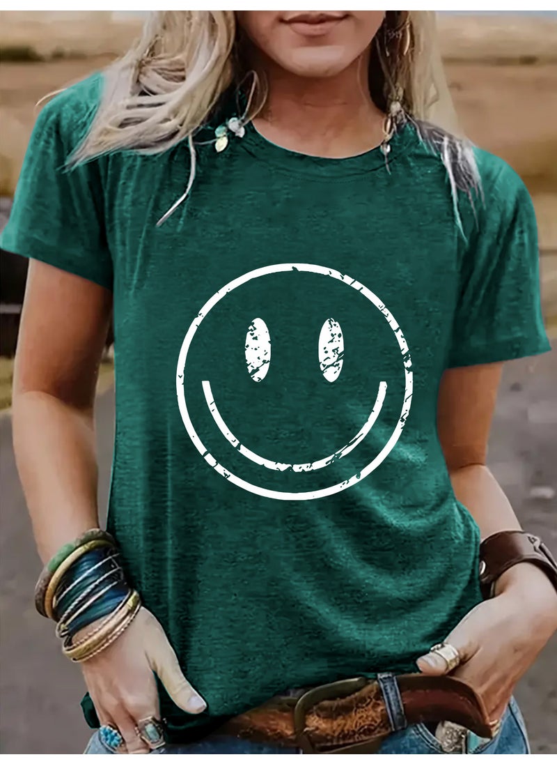 Generic - Summer Womens Casual Short Sleeve round Neck Smiley Face Pattern T-shirt Fashionable Street Style Polyester Blend Top White - Image 1