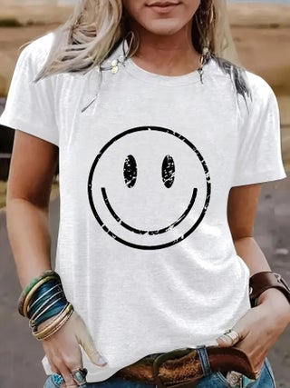 Amazon European and American summer womens smiling face pattern round neck short sleeve casual fashion T-shirt foreign trade womens explosive White - pzsku/Z67869DE9F0C142404E1AZ/45/1746220014/1936a609-4fa2-4883-9bfb-987750c1da30