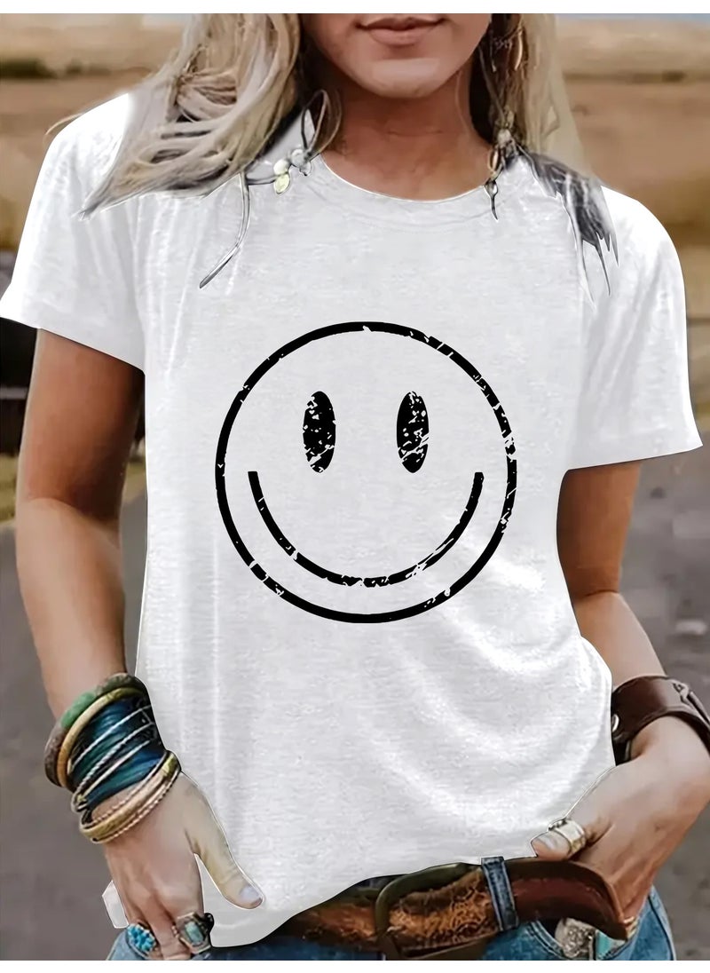 Generic - Summer Womens Casual Short Sleeve round Neck Smiley Face Pattern T-shirt Fashionable Street Style Polyester Blend Top White - Image 1