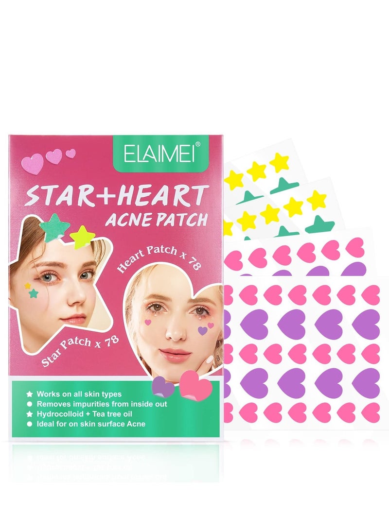 Excefore Acne Pimple Patches, Hydrocolloid Acne Stickers, Cover Dot for Blemish, Pimples, Whiteheads, Zit, Draw out Oil & Impurities, Absorb Fluid and Reduce Inflammation, Heart and Star Shapes (156pcs) - Image 1