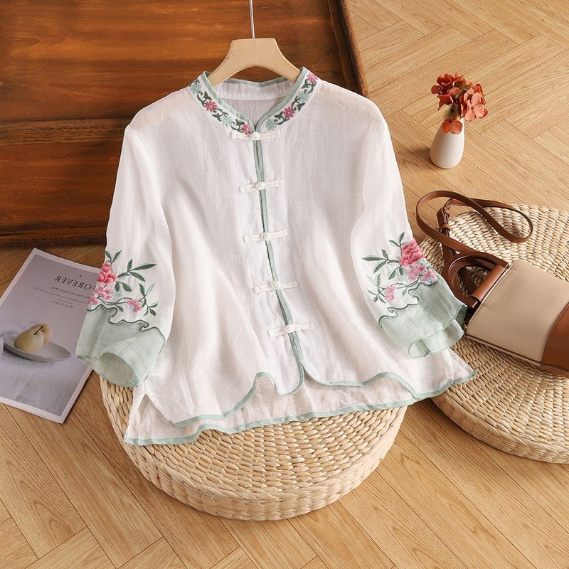 Cotton And Linen New Summer Retro Ethnic Heavy Embroidery Shirt Women'S Retro Button Color Matching Three-Quarter Sleeve Top Loose - Image 4