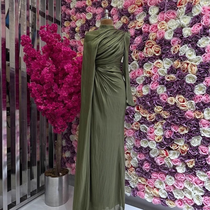 Export Women'S Elegant Asymmetrical Pleated Slim Green Dress - Image 3