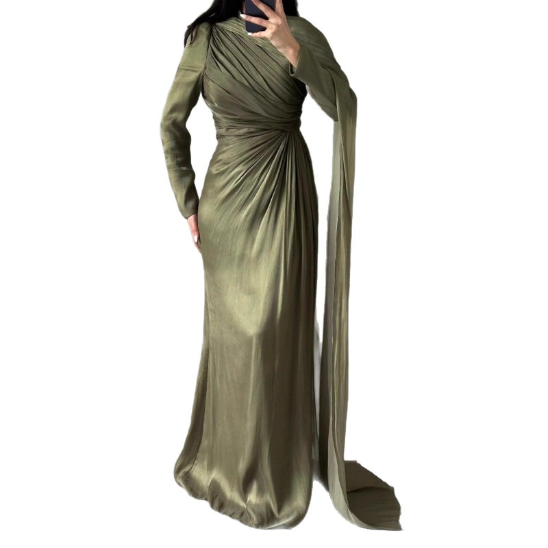 Export Women'S Elegant Asymmetrical Pleated Slim Green Dress - Image 4