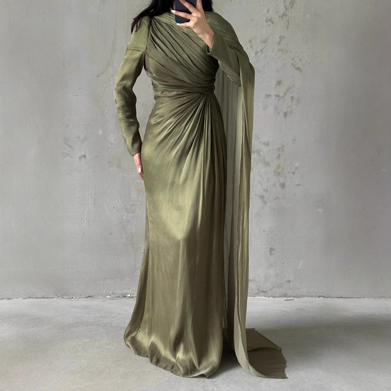 Export Women'S Elegant Asymmetrical Pleated Slim Green Dress - Image 2