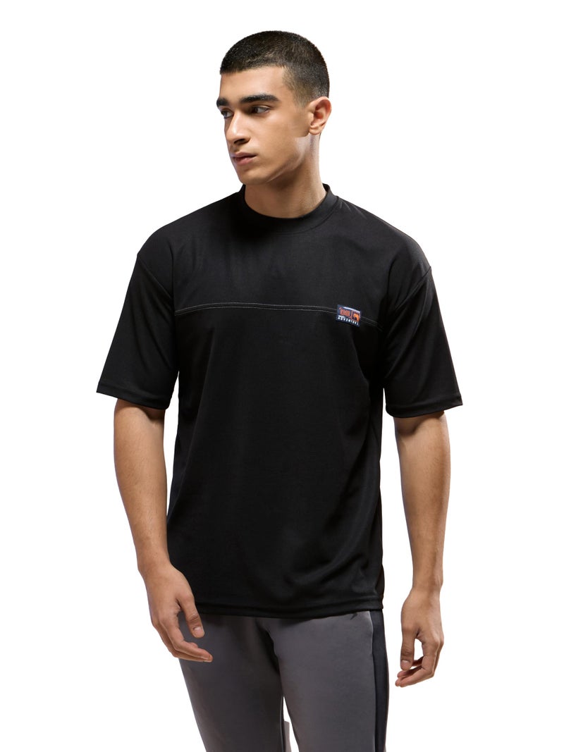TECHNOSPORT Men's Oversized Solid Crew Neck Half Sleeve T-Shirt for Running, Gym & Sports - (MTP857BLK_Black_S) - Image 1