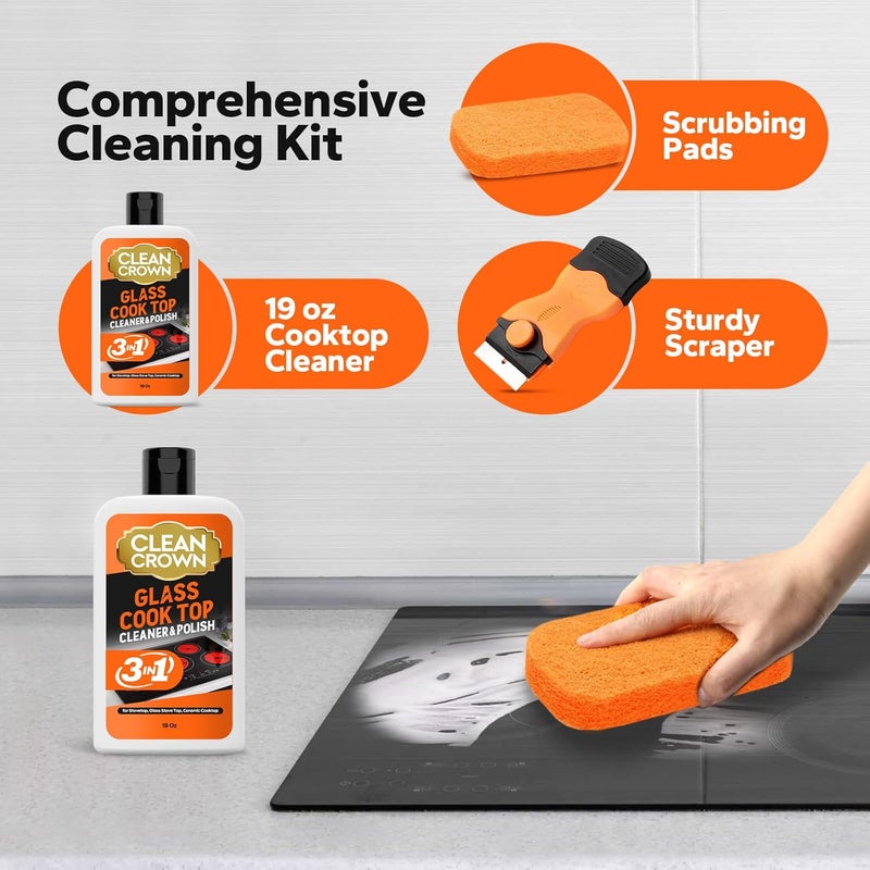 CleanCrown 3-in-1 Cooktop Cleaner Kit (19 Oz Cooktop Cleaner + Scrubbing Pad + Scraper), Stovetop Cleaner for Electric Top Stoves, Ceramic Cooktops & Fireplace Glass, Remove Burned on Food, Grease - Image 3