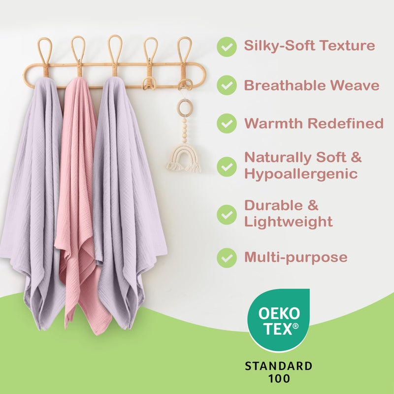 infancie 100% Organic Cotton Muslin Baby Blanket - 47 x 47 Inch Breathable Baby Swaddle Blanket, Hypoallergenic Double-Layer, Soft Newborn Baby Blanket for Everyday Use (Light Pink/Light Purple) - Image 4