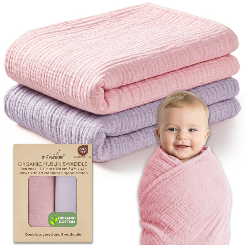 infancie 100% Organic Cotton Muslin Baby Blanket - 47 x 47 Inch Breathable Baby Swaddle Blanket, Hypoallergenic Double-Layer, Soft Newborn Baby Blanket for Everyday Use (Light Pink/Light Purple) - Image 1