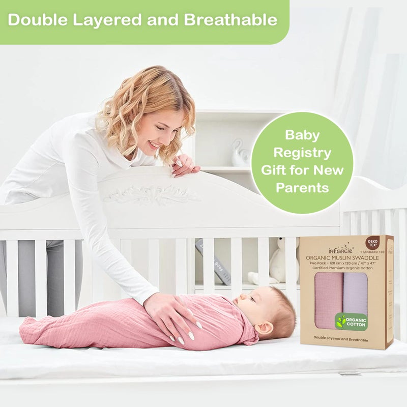 infancie 100% Organic Cotton Muslin Baby Blanket - 47 x 47 Inch Breathable Baby Swaddle Blanket, Hypoallergenic Double-Layer, Soft Newborn Baby Blanket for Everyday Use (Light Pink/Light Purple) - Image 2