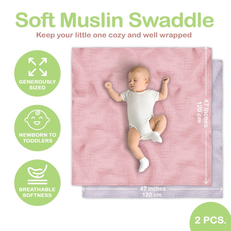 infancie 100% Organic Cotton Muslin Baby Blanket - 47 x 47 Inch Breathable Baby Swaddle Blanket, Hypoallergenic Double-Layer, Soft Newborn Baby Blanket for Everyday Use (Light Pink/Light Purple) - Image 5