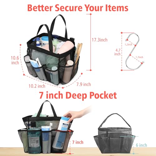 F-color Mesh Shower Caddy Portable, Upgrade Deeper 7 Pockets Shower Bag Basket Tote for College Dorm Room Toiletry Bathroom Essentials Gym Camp Quick Dry 2 handles with S Hook, Black - Image 3