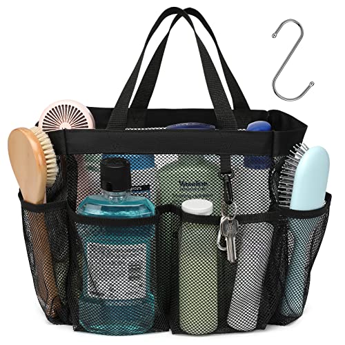 F-color Mesh Shower Caddy Portable, Upgrade Deeper 7 Pockets Shower Bag Basket Tote for College Dorm Room Toiletry Bathroom Essentials Gym Camp Quick Dry 2 handles with S Hook, Black - Image 1