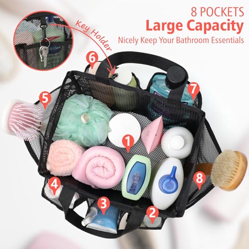 F-color Mesh Shower Caddy Portable, Upgrade Deeper 7 Pockets Shower Bag Basket Tote for College Dorm Room Toiletry Bathroom Essentials Gym Camp Quick Dry 2 handles with S Hook, Black - Image 5