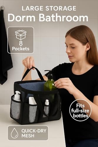 F-color Mesh Shower Caddy Portable, Upgrade Deeper 7 Pockets Shower Bag Basket Tote for College Dorm Room Toiletry Bathroom Essentials Gym Camp Quick Dry 2 handles with S Hook, Black - Image 2