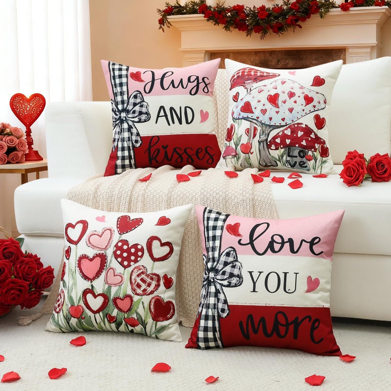Artscope Valentine's Day Hugs and Kisses Throw Pillow Covers 18x18 Inch Set of 4, Valentine Wedding Red Pink Love Heart Decoration Pillow Cases for Home Sofa Couch - Image 2