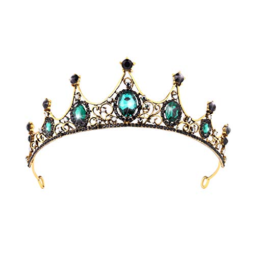 FRCOLOR Baroque Crown Green Rhinestone Crown Vintage Queen Crystal Princess for Women, Birthday Bridal Tiara for Wedding Pageant Prom Halloween (Green) - Image 1